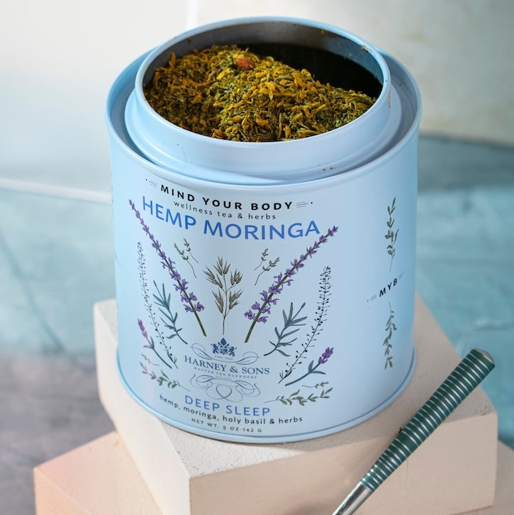 A tin of deep sleep Hemp Moringa blend