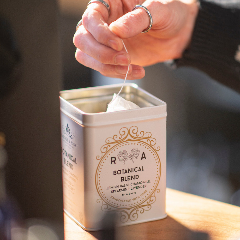 Botanical Blend, lemon balm, chamomile, spearmint, and lavender, tea sachet tin.