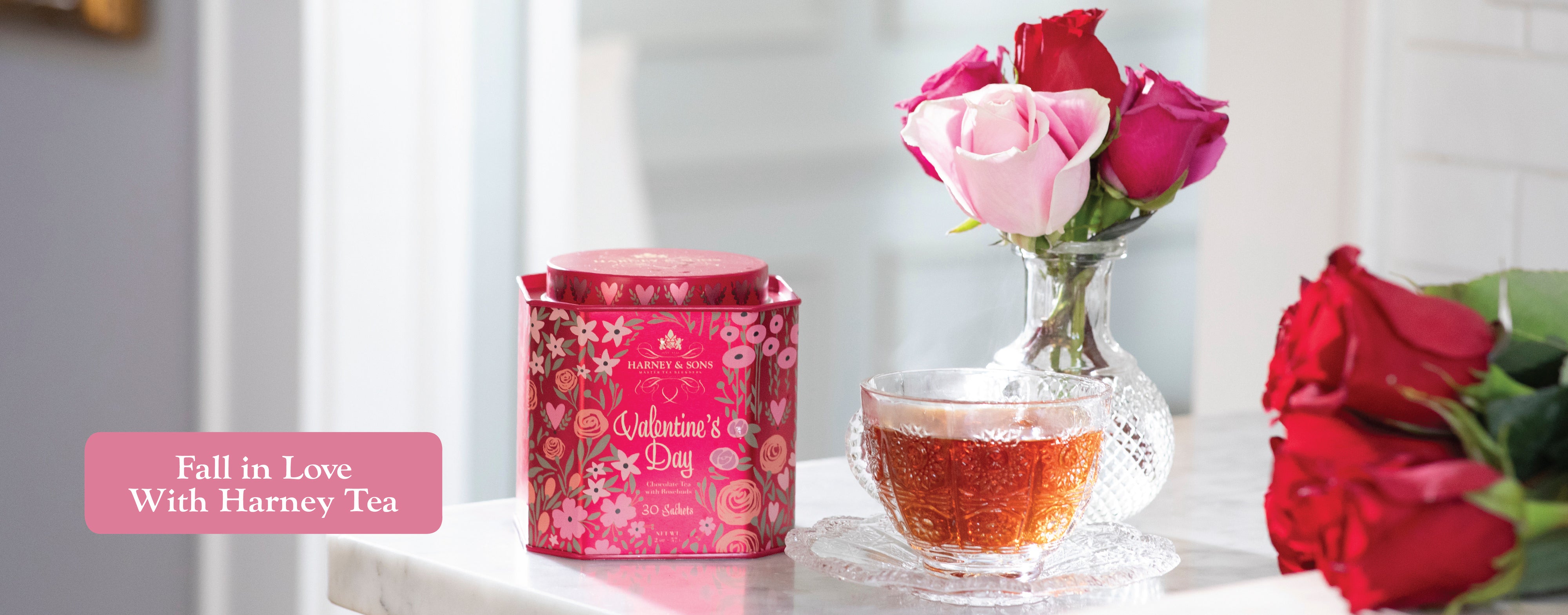 Valentine's Day Chocolate Tea with Rosebuds. 30 sachets. Fall in love with Harney Tea.